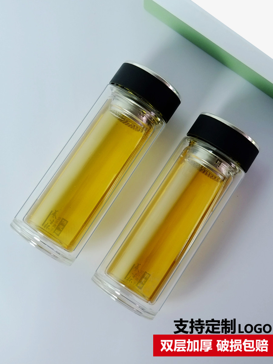 Comforter glass water cup double-layer printed logo portable with lid teacup custom men and women transparent office cup custom