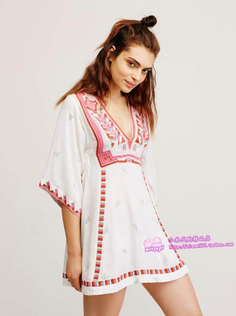 (special price spot) Free People FP embroidery V collar wide sleeves high waist large swing short dress