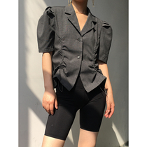 ACUP bubble sleeve shirt women 2021 summer cotton linen breathable drawstring European and American style advanced sense thin short sleeve coat tide