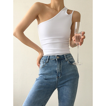 ACUP European and American style hot girl T-shirt female 2021 summer new slanting shoulder stretch strap off shoulder vest