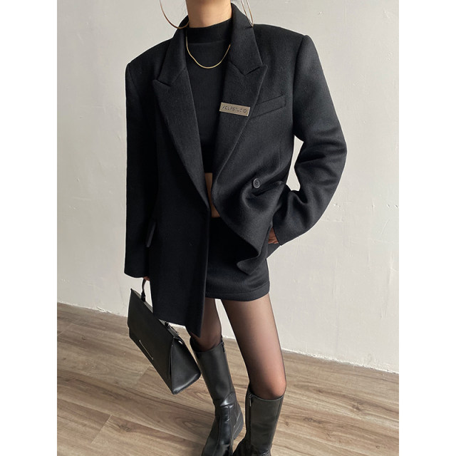 AcupStudiojiangshangyou niche American style waisted woolen blazer ຂອງແມ່ຍິງດູໃບໄມ້ລົ່ນແລະລະດູຫນາວທີ່ມີເສື້ອຂົນແກະສູງ