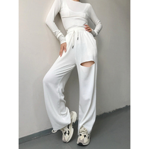 ACUP loose casual hole straight tube pants womens 2021 autumn new products wild wide leg trousers bf wind sports pants