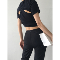 ACUP backless short sleeve T-shirt female 2021 summer new European and American style high sense design sense niche body shirt top tide tide