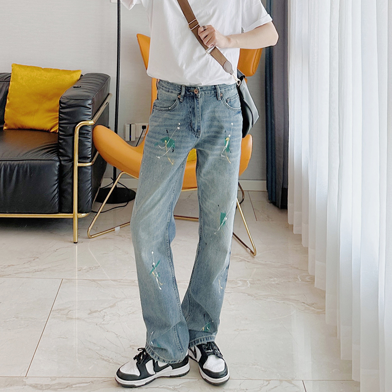 Men's Unique Design Jeans with Paint Splatter Effect, Slim Straight-Leg, 2026 Spring/Autumn