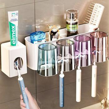 Toothbrush Holder, No-Drill Toothbrush Cup and Mouthwash Cup Rack, Wall-Mounted Bathroom Family Toothbrush Holder