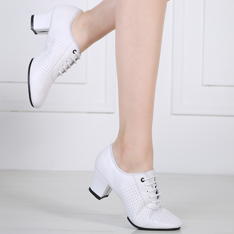 Headlayer cow leather square dance shoes female Latin dance teacher shoes Soft bottom with holes Summer white ballroom Water soldier dance shoes