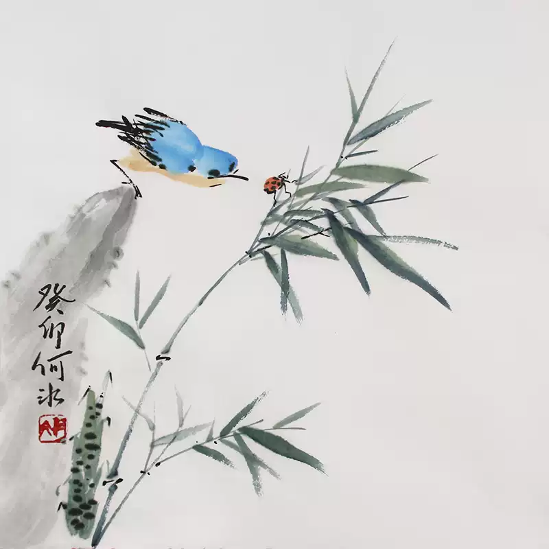 手绘水墨竹子画一尺斗方真迹写意花鸟画水墨竹鸟国画原稿书画收藏