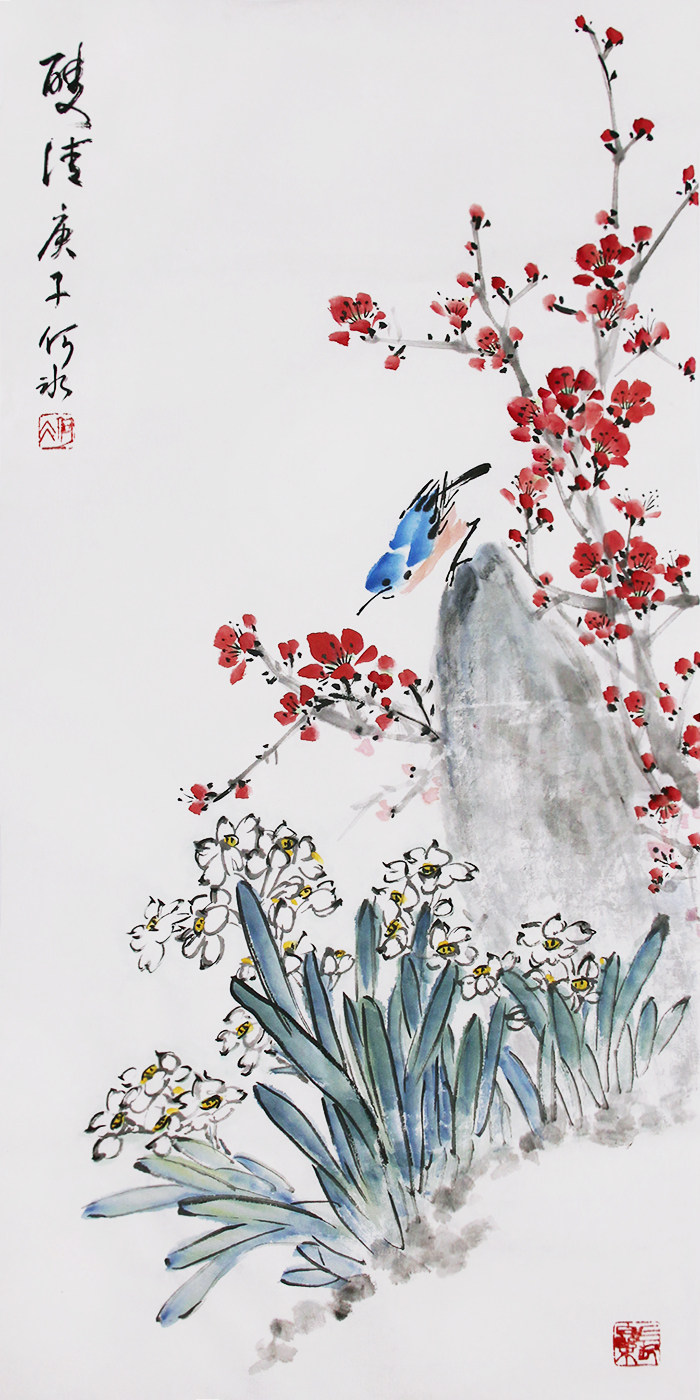 原創新中式水墨裝飾國畫水仙梅花鳥畫作品字畫保真跡手繪掛畫宣紙