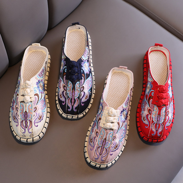 Tangchang Old Street ສີຂາວສີຟ້າເກີບຖັກແສ່ວພັນຊັ້ນ sole ແບບຊົນເຜົ່າຂອງແມ່ຍິງເກີບ retro ຕ່ໍາ heels ແລະ slippers embroidered Baotou