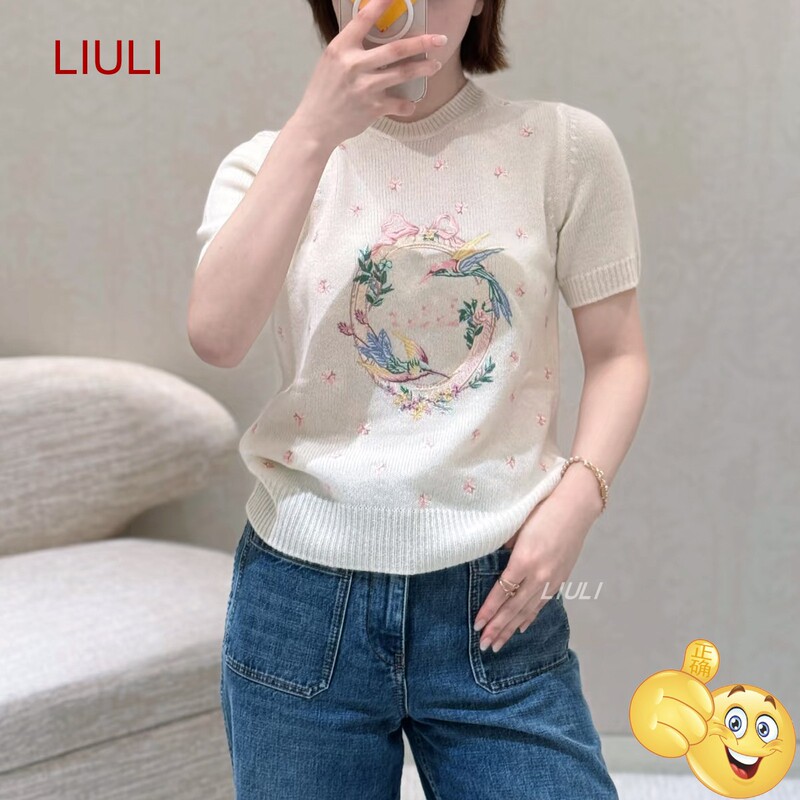 Correct Brand~Shenzhen Nanyou 26 Autumn New Short-Sleeve Round Neck Parrot Flower Embroidered Cashmere Knit Sweater