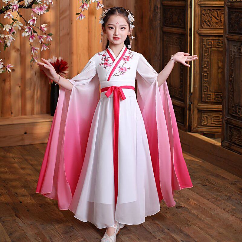 Children's Hanfu Girls Ancient Costume Super Fairy Princess Fairy Autumn and Winter Dress Stage Performance Women's Big Boy Guzheng Super Fairy Yarn