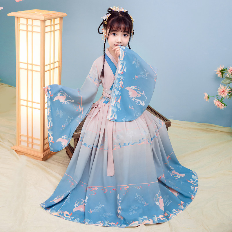 Girl's ancient dress Han suit children's superfairy long-sleeved summer clothes cherry blossom princess fairy ocean dress flutter with children to play