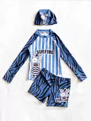 Children's swimsuit boy two-piece medium child long sleeve sunscreen child baby boxer swimming trunks with hat swimsuit suit