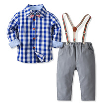 Autumn Baby Baby Baby long sleeve plaid cotton shirt strap trousers dress children suit 2021 New