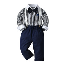 Boy model catwalk dress small children long sleeve striped shirt suit children long sleeve shirt strap pants suit