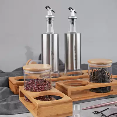 Yuma Japanese kitchen rack four-hole double-layer bamboo tray three-piece seasoning rack oil vinegar bottle storage basket rack