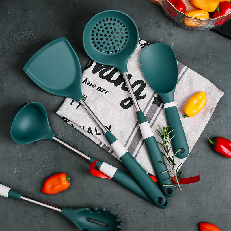 DANS NON-STAINED SILICONE PAN SHOVEL STAINLESS STEEL HANDLE BROTH WITH SPOON LEAK SPOON SURFACE GRIP HIGH TEMPERATURE RESISTANT HOME RICE SHOVEL SAUTTILED VEGETABLE SHOVEL