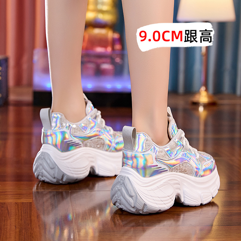 Women's Chunky Sneakers in Silver, 2026 Summer New Style, Breathable Mesh Sports Shoes, Thick-Soled Height-Increasing Shoes for Petite Women, Laser Design