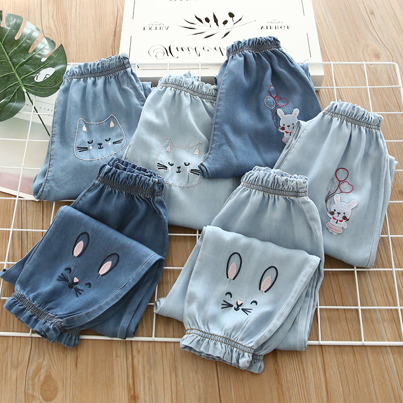 2019 Girls Thin Jeans Baby Spring Jeans Cartoon thêu Tencel Cotton Jeans Quần dài - Quần jean quần jean lót lông trẻ em