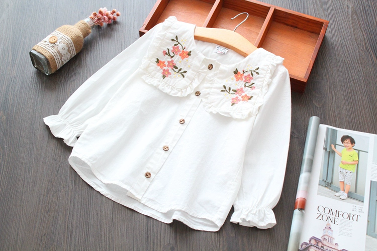 Xuất khẩu quần áo trẻ em gái áo dài tay bé thêu hoa lớn ve áo cotton dài tay áo sơ mi trắng đồ bộ cho bé gái