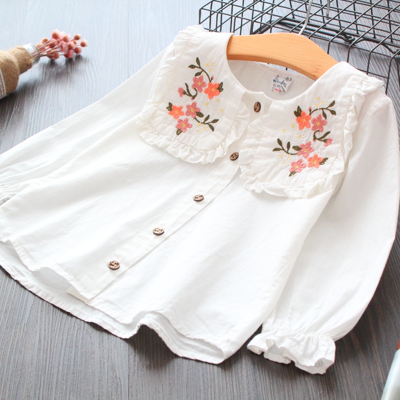 Xuất khẩu quần áo trẻ em gái áo dài tay bé thêu hoa lớn ve áo cotton dài tay áo sơ mi trắng đồ bộ cho bé gái