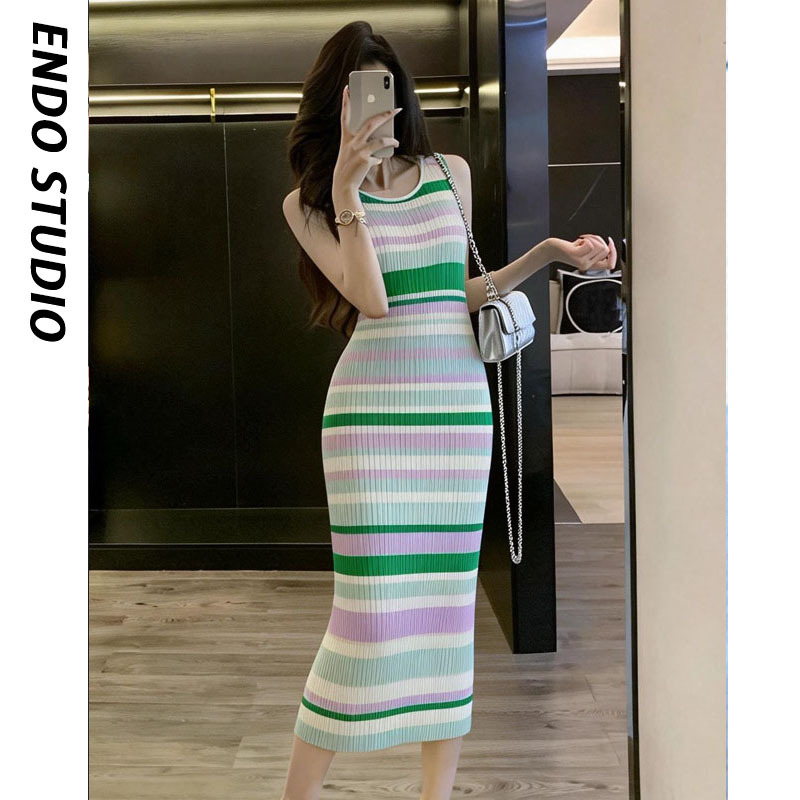 Slimming Summer Women's Sleeveless Slim-Fit Striped Knit Dress, Mid-Length Dress, Same Style as Yang Mi's Bai Fan