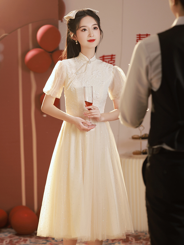 Champagne-Colored Evening Dress, Chinese-Style Qipao, Engagement Banquet Small Evening Dress, Petite Toast Dress, Everyday Dress