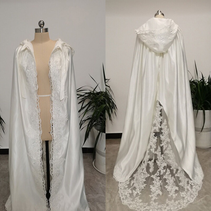 European and American New Style White Wedding Bridal Cape Lace Trim Hooded Autumn and Winter Shawl Trench Coat Long Train Stage Costume European and American New Style White Wedding Bridal Cape Lace Trim Hooded Autumn and Winter Shawl Trench Coat Long Train Stage Costume
