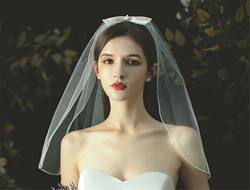 Women's bride party wedding beige mesh head jewelry big bow short veil simple single -layer photography road prop