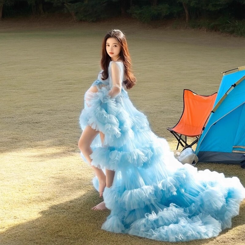 European and American Style Light Blue Bridal Robe, Sheer Maternity Photo Shoot Long Dress, Long Train Performance Costume, Tulle Gown