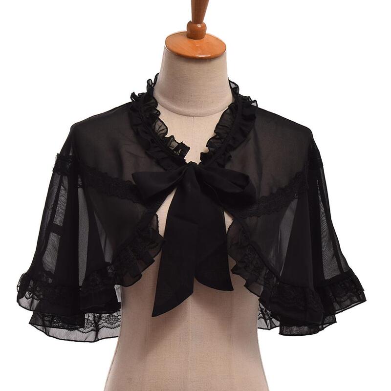 New Lolita Girl Black Mini Cape Summer Short Chiffon Solid Color Shawl Tie Ruffle Cape New Lolita Girl Black Mini Cape Summer Short Chiffon Solid Color Shawl Tie Ruffle Cape