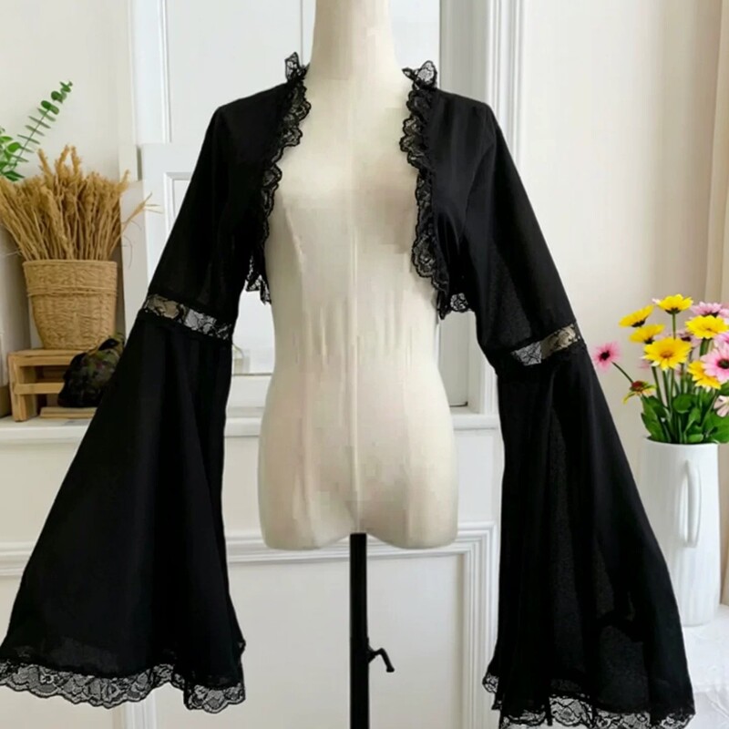 White Chiffon Lace Shawl, Thin Style with Bell Sleeves, Photo Studio Cardigan, Outerwear Shawl, Stage Performance Costume White Chiffon Lace Shawl, Thin Style with Bell Sleeves, Photo Studio Cardigan, Outerwear Shawl, Stage Performance Costume