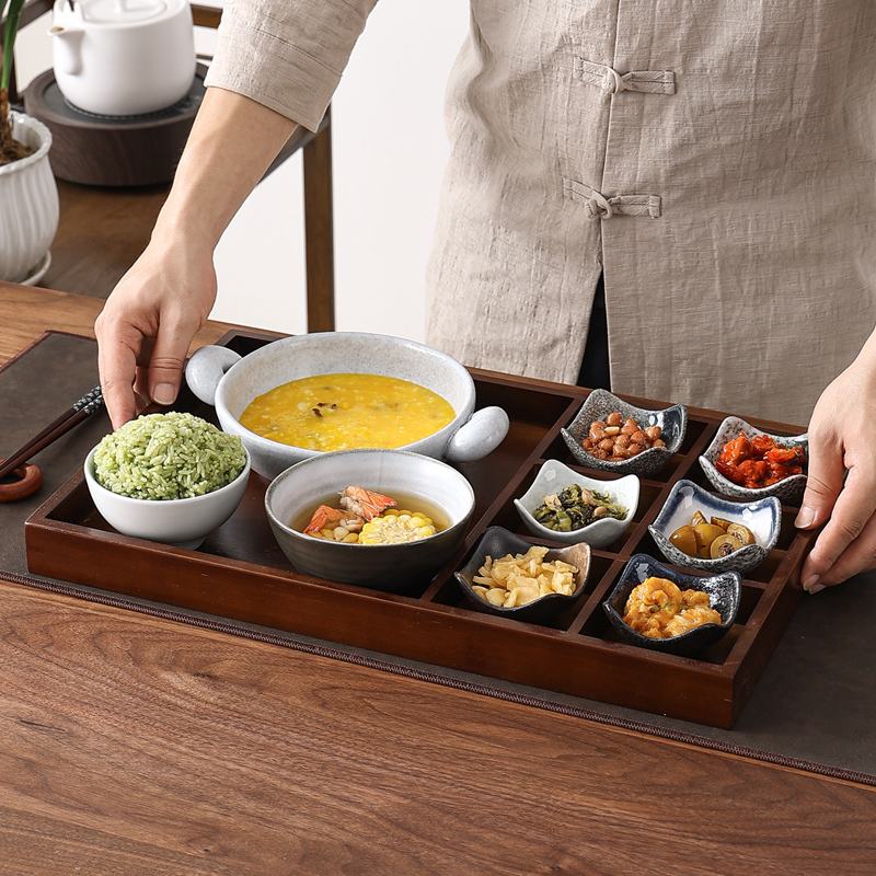 Bamboo and Wood Seven-Compartment Rustic Guesthouse Breakfast Hong Kong-Style Tea Restaurant Chinese Food Set Tableware Noodle Bowl Flavor Dish Fireside Afternoon Tea