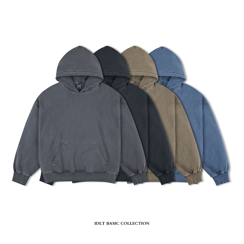 Idlt Dyed, Washed, and Faded 420g Full Cotton Drop Shoulder Oversized Pullover Hoodie, Washed and Distressed, Loose Fit ins