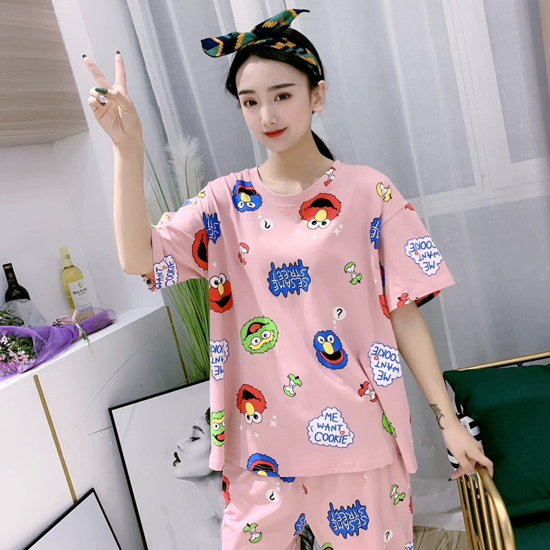 Bộ đồ ngủ ngắn tay mùa hè phù hợp với kích thước lớn cotton nguyên chất lỏng lẻo phim hoạt hình sinh viên phục vụ tại nhà Quần đùi giản dị Hàn Quốc cộng với chất béo - Cặp đôi