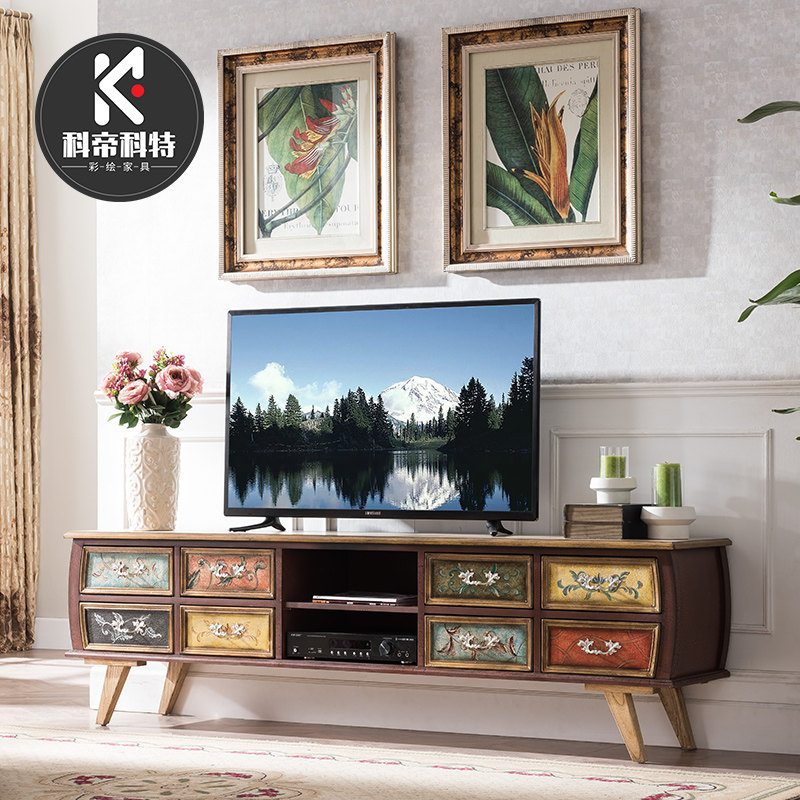 American TV cabinet 2 m retro solid wood painted Mediterranean containing cabinet living room Nordic minimalist short cabinet ground cabinet