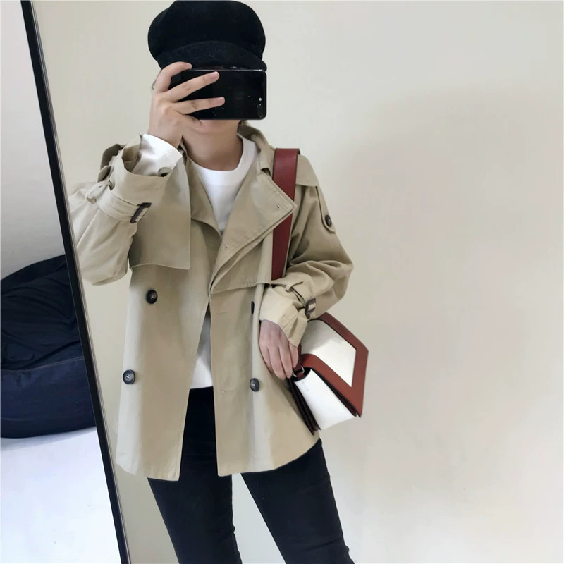 Chất lượng ban đầu Khaki lulu áo trench ngắn mùa thu Hàn Quốc ins người đàn ông nhỏ là áo khoác mỏng nữ hoang dã