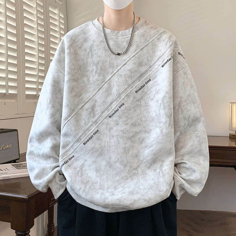 Designed Tie-Dye Diagonal Stripe Crew Neck Sweatshirt for Men, Spring and Autumn, Loose Casual Cool Long-Sleeve Top for Teenagers