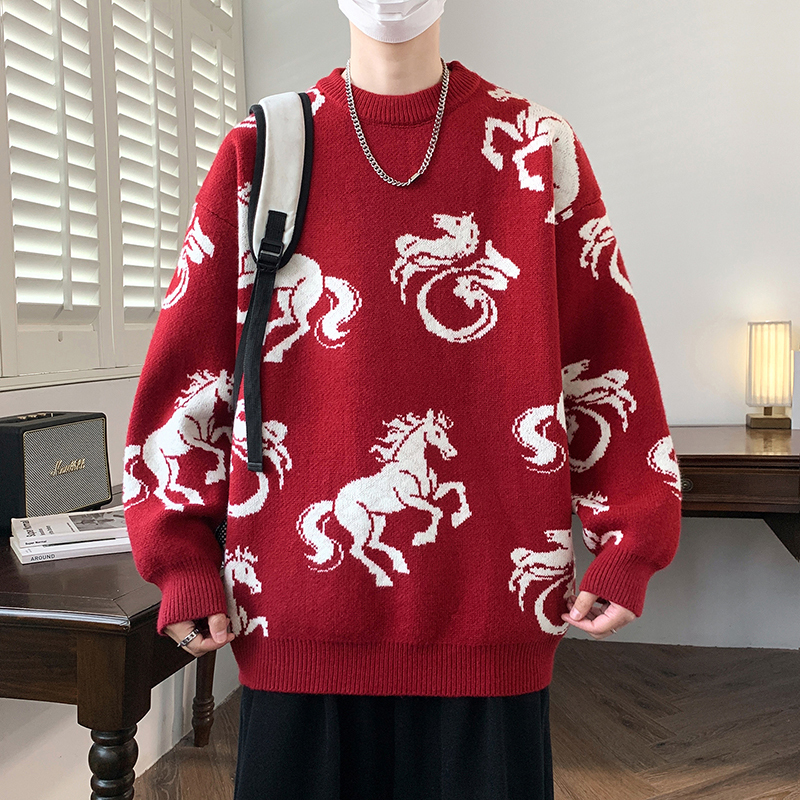 Red Zodiac Horse Round Neck Sweater for Men, New Autumn/Winter Style, Youth National Trend, Loose Casual Couple Knitwear