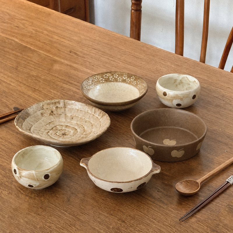 One House, Two People, Tableware Set Retro Hand-Painted Stoneware Ritualistic Ceramic Bowls and Plates Matching Set 002