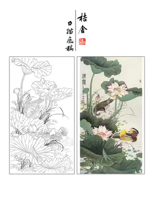 Meticulous painting, Chinese painting, White drawing, physical printing, Lotus mandarin duck, Jin Hongjun, Qinglu 66*126-116t