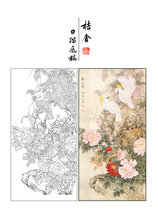 Meticulous painting line draft four feet peony parrot Liang Yansheng physical print 66*132 with color picture 010T