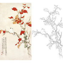 Gongbi painting white sketch background physical hook line print draft-Yu Zhizhen Autumn leaves flowers and birds size optional-JV34