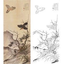 Meticulous painting line drawing flower and bird double dove bamboo blue map in non-dark hook line physical printing draft size optional YF85