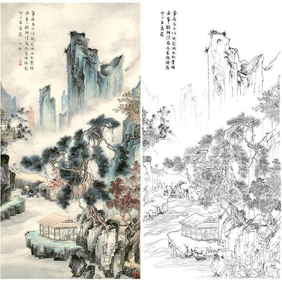 Meticulous painting line drawing draft Hu Yefo vertical landscape physical white paper hook line printing size optional-HY51