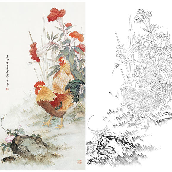 Chen Jun Gongbi painted a vertical picture of flowers and birds white sketch manuscript copy 66*129 Crowned rooster with steps 22CJ