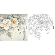  Gongbi painting white sketch background draft peony sketch Wang Shaoqing 44*44 hook line physical print draft with color map 810T
