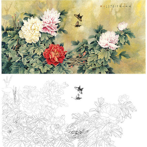 Work Stroke White Sketch Printed Manuscript Week with Peony Leaning city cuddling 68 * 137 original large size with coloured pattern 759T