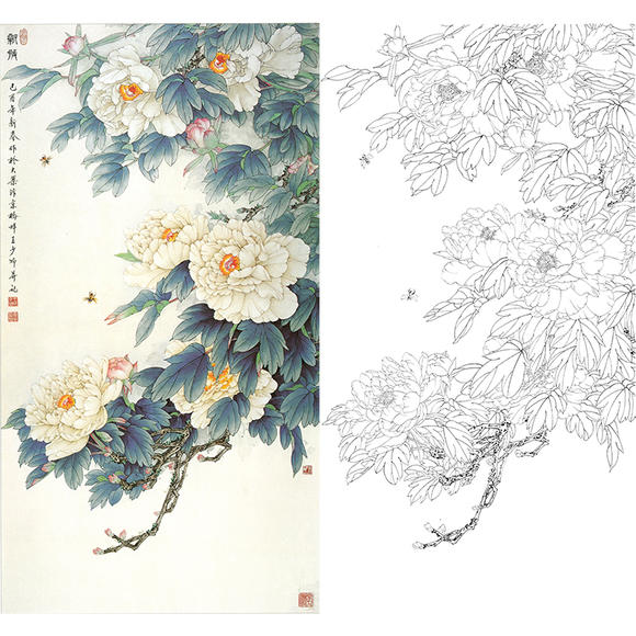 Work Stroke White Sketch Manuscript Peony vertical amplitude Wang Shaoqing 66 * 123 Hook Thread Physical Print Manuscript with Color Pattern 817T