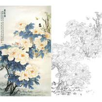 Gongbi painting white sketch background draft Vertical peony Wang Shaoqing 66*117 hook line physical print draft with color map 816T